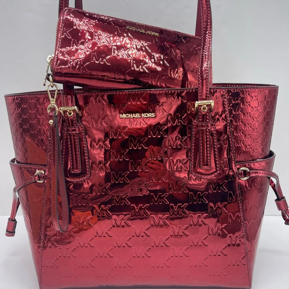 MICHAEL KORS Voyager Lg Metallic Logo Debossed EW  Tote & Jet Set Lg Logo Wallet - Picture 9 of 16